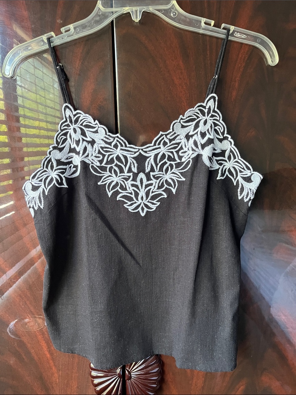 Express Linen Blend Black Camisole Top with White Floral Trim